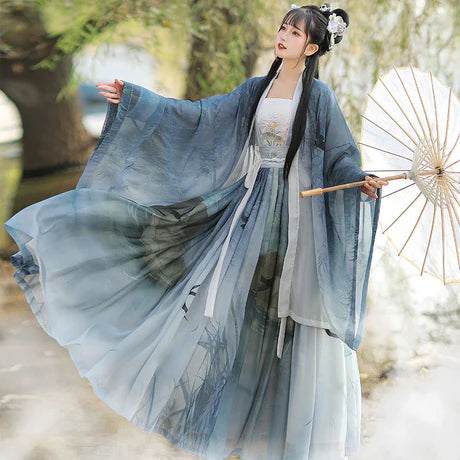 Qiyao Ruqun, Evangeline - Song Dynasty-inspired polyester ensemble with Da Xiu Shan (Coat), camisole, top, and wrapped skirt. An ode to historical opulence, perfect for themed events or adding a touch of sophistication to your wardrobe.