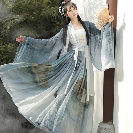 Qiyao Ruqun, Evangeline - Song Dynasty-inspired polyester ensemble with Da Xiu Shan (Coat), camisole, top, and wrapped skirt. An ode to historical opulence, perfect for themed events or adding a touch of sophistication to your wardrobe.