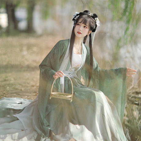 Qiyao Ruqun, Evangeline - Song Dynasty-inspired polyester ensemble with Da Xiu Shan (Coat), camisole, top, and wrapped skirt. An ode to historical opulence, perfect for themed events or adding a touch of sophistication to your wardrobe.