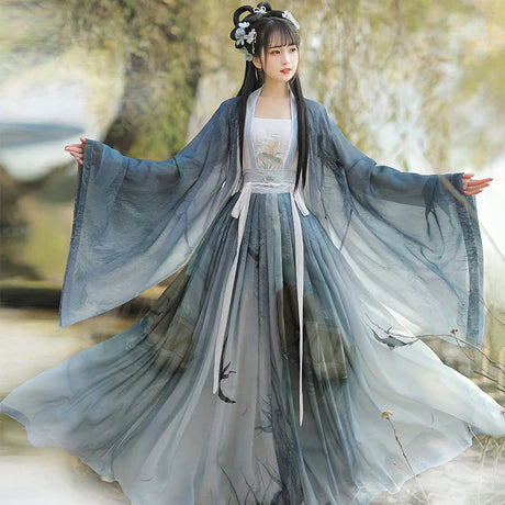 Qiyao Ruqun, Evangeline - Song Dynasty-inspired polyester ensemble with Da Xiu Shan (Coat), camisole, top, and wrapped skirt. An ode to historical opulence, perfect for themed events or adding a touch of sophistication to your wardrobe.