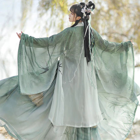 Qiyao Ruqun, Evangeline - Song Dynasty-inspired polyester ensemble with Da Xiu Shan (Coat), camisole, top, and wrapped skirt. An ode to historical opulence, perfect for themed events or adding a touch of sophistication to your wardrobe.