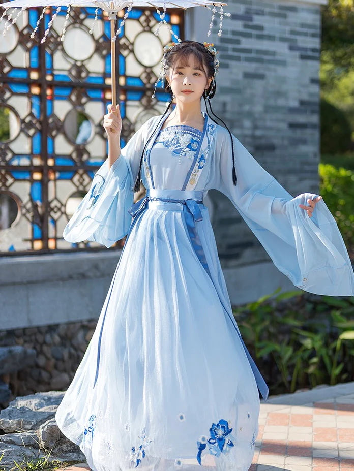 Immerse yourself in the beauty of blue with the Beautiful Blue Qiyao Ruqun from Moon Hanfu&