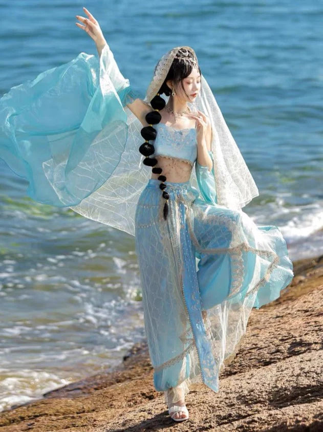 Dive into the timeless elegance of Sealine Dunhuang Hanfu, a mesmerizing fusion of Central Asian, Tibetan, Indian, and Chinese influences exclusively curated by Moon Hanfu. Originating from the northwest Chinese region along the Silk Road, this traditional attire from our Dunhuang Collection reflects the diverse cultural interactions of the area. Embrace a palette of vibrant colors that illustrate the artistic aesthetics and beliefs, connecting you to a rich tapestry of history.