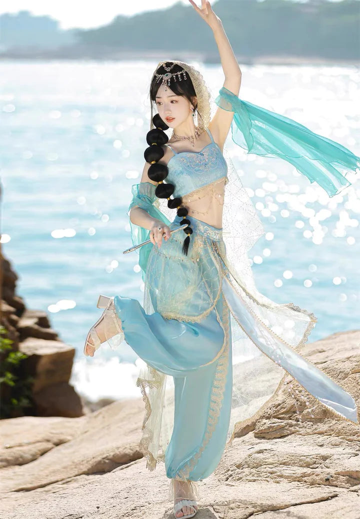 Dive into the timeless elegance of Sealine Dunhuang Hanfu, a mesmerizing fusion of Central Asian, Tibetan, Indian, and Chinese influences exclusively curated by Moon Hanfu. Originating from the northwest Chinese region along the Silk Road, this traditional attire from our Dunhuang Collection reflects the diverse cultural interactions of the area. Embrace a palette of vibrant colors that illustrate the artistic aesthetics and beliefs, connecting you to a rich tapestry of history.