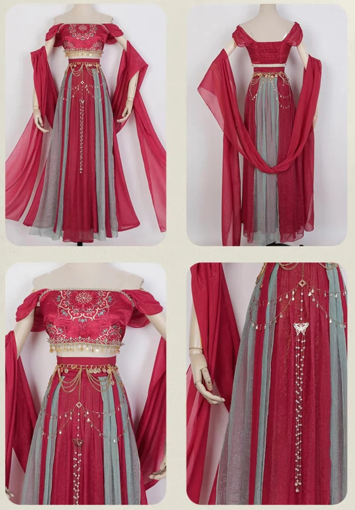 Step into the enchanting world of Lovely Aria Dunhuang Hanfu, a delightful fusion of Central Asian, Tibetan, Indian, and Chinese influences exclusively curated by Moon Hanfu. Originating from the northwest Chinese region along the Silk Road, this traditional attire from our Dunhuang Collection reflects the diverse cultural interactions of the area. Embrace vibrant colors that showcase the region&