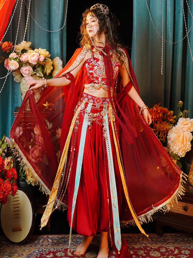 Immerse yourself in the enchanting allure of Fairy Dunhuang Hanfu, a magical fusion of Central Asian, Tibetan, Indian, and Chinese influences exclusively curated by Moon Hanfu. Originating from the northwest Chinese region along the Silk Road, this ethereal attire from our Dunhuang Collection reflects the diverse cultural interactions of the area. Embrace a palette of vibrant colors that weave a story of artistic aesthetics and beliefs, connecting you to a rich tapestry of history.