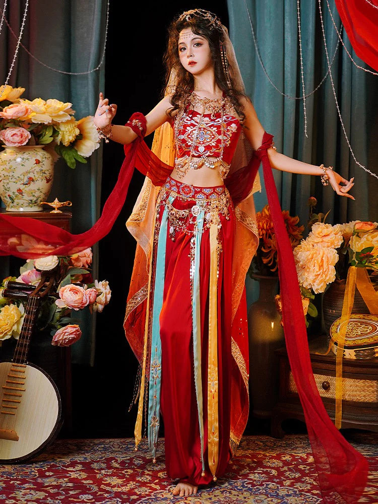 Immerse yourself in the enchanting allure of Fairy Dunhuang Hanfu, a magical fusion of Central Asian, Tibetan, Indian, and Chinese influences exclusively curated by Moon Hanfu. Originating from the northwest Chinese region along the Silk Road, this ethereal attire from our Dunhuang Collection reflects the diverse cultural interactions of the area. Embrace a palette of vibrant colors that weave a story of artistic aesthetics and beliefs, connecting you to a rich tapestry of history.