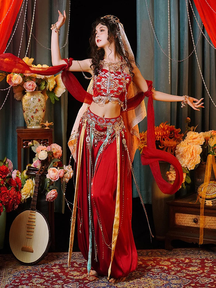 Immerse yourself in the enchanting allure of Fairy Dunhuang Hanfu, a magical fusion of Central Asian, Tibetan, Indian, and Chinese influences exclusively curated by Moon Hanfu. Originating from the northwest Chinese region along the Silk Road, this ethereal attire from our Dunhuang Collection reflects the diverse cultural interactions of the area. Embrace a palette of vibrant colors that weave a story of artistic aesthetics and beliefs, connecting you to a rich tapestry of history.