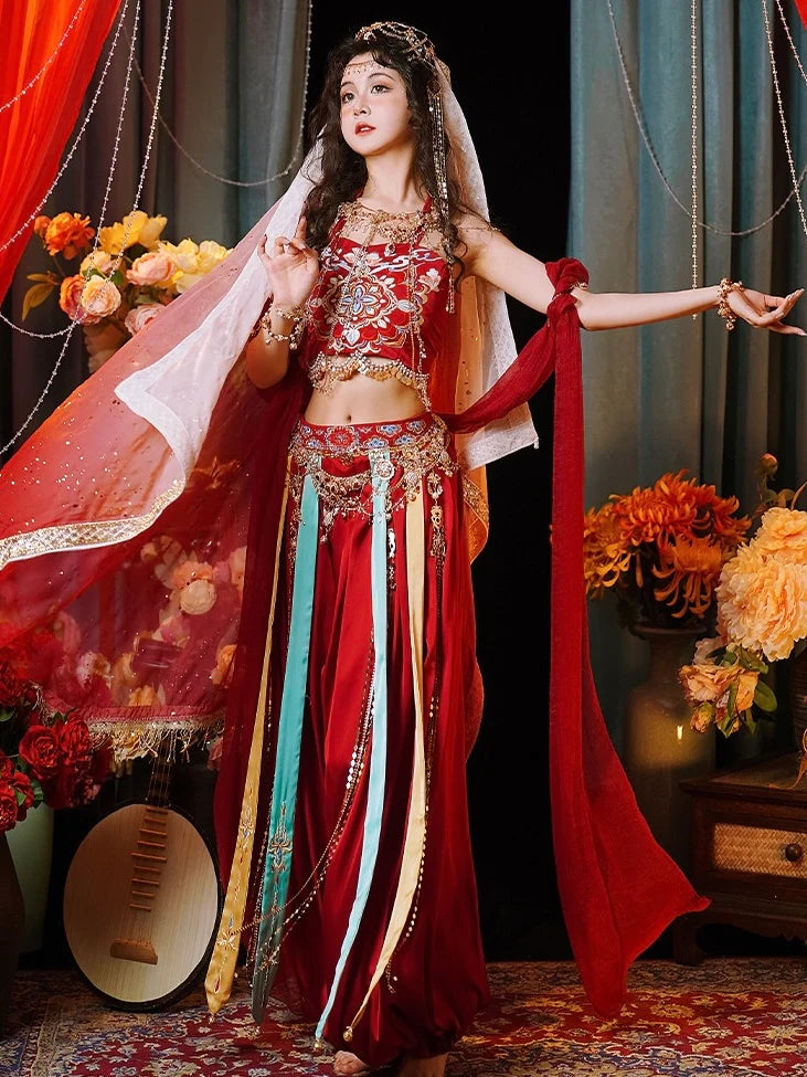 Immerse yourself in the enchanting allure of Fairy Dunhuang Hanfu, a magical fusion of Central Asian, Tibetan, Indian, and Chinese influences exclusively curated by Moon Hanfu. Originating from the northwest Chinese region along the Silk Road, this ethereal attire from our Dunhuang Collection reflects the diverse cultural interactions of the area. Embrace a palette of vibrant colors that weave a story of artistic aesthetics and beliefs, connecting you to a rich tapestry of history.