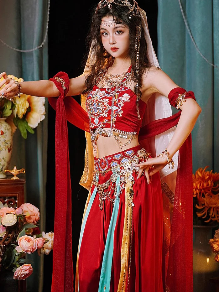 Immerse yourself in the enchanting allure of Fairy Dunhuang Hanfu, a magical fusion of Central Asian, Tibetan, Indian, and Chinese influences exclusively curated by Moon Hanfu. Originating from the northwest Chinese region along the Silk Road, this ethereal attire from our Dunhuang Collection reflects the diverse cultural interactions of the area. Embrace a palette of vibrant colors that weave a story of artistic aesthetics and beliefs, connecting you to a rich tapestry of history.