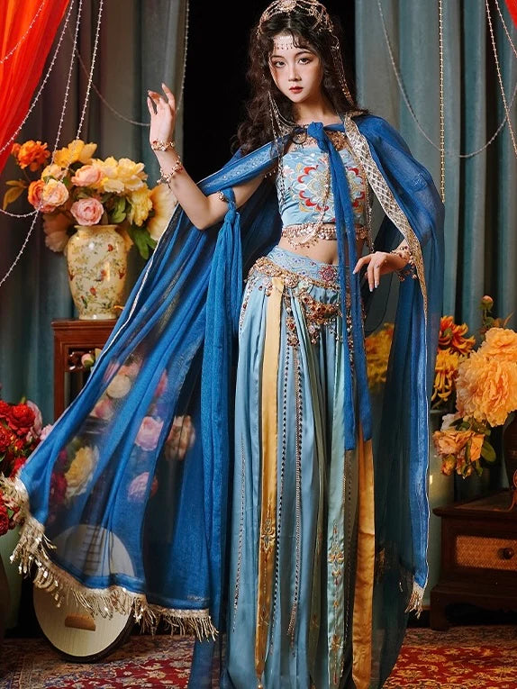 Immerse yourself in the enchanting allure of Fairy Dunhuang Hanfu, a magical fusion of Central Asian, Tibetan, Indian, and Chinese influences exclusively curated by Moon Hanfu. Originating from the northwest Chinese region along the Silk Road, this ethereal attire from our Dunhuang Collection reflects the diverse cultural interactions of the area. Embrace a palette of vibrant colors that weave a story of artistic aesthetics and beliefs, connecting you to a rich tapestry of history.
