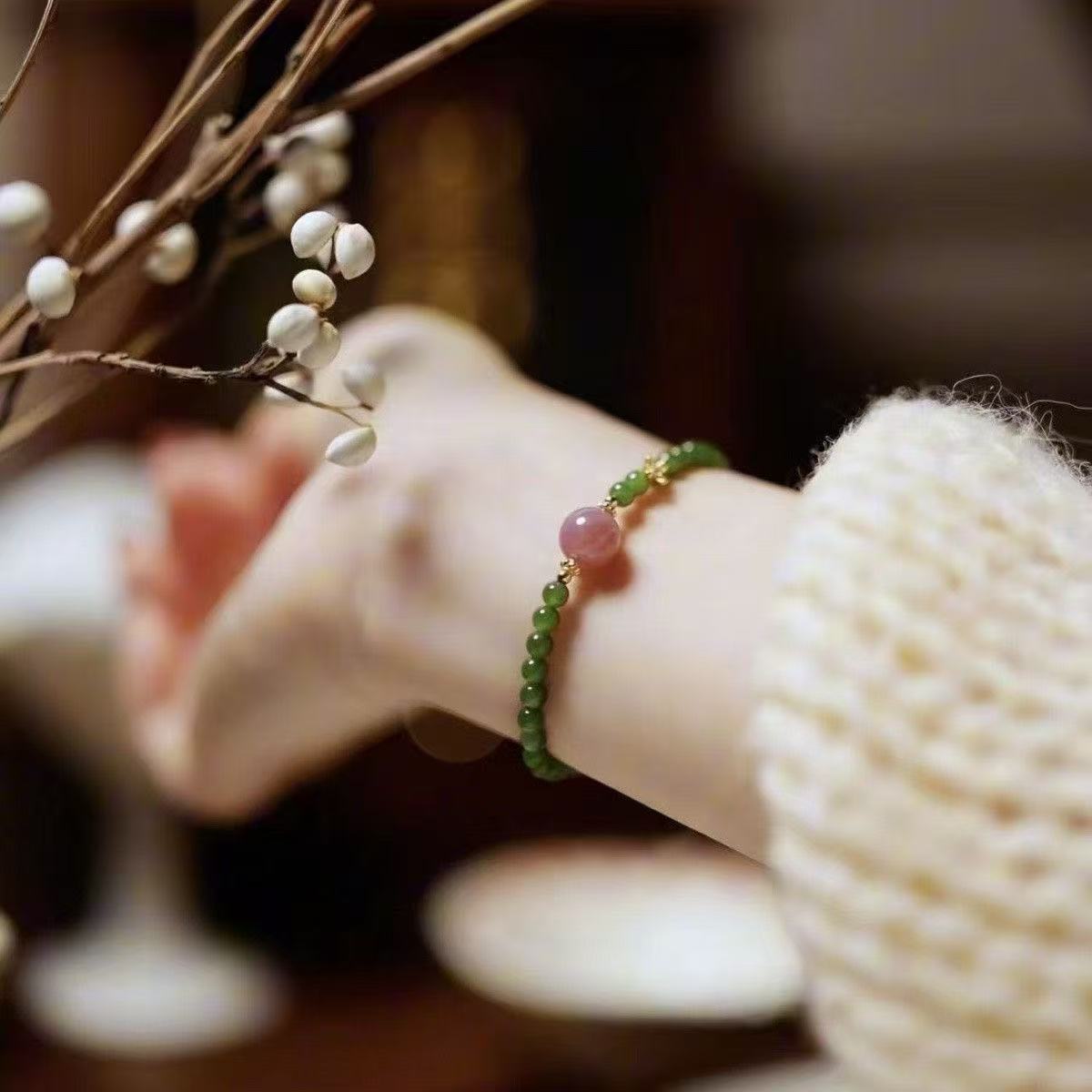 Sakura Rain Pink & Green Beaded Bracelet