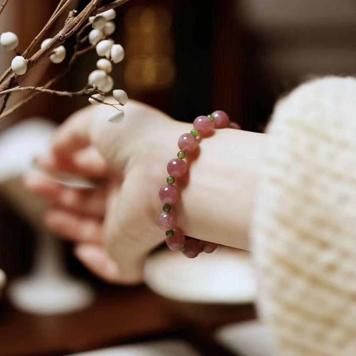 Sakura Rain Pink & Green Beaded Bracelet