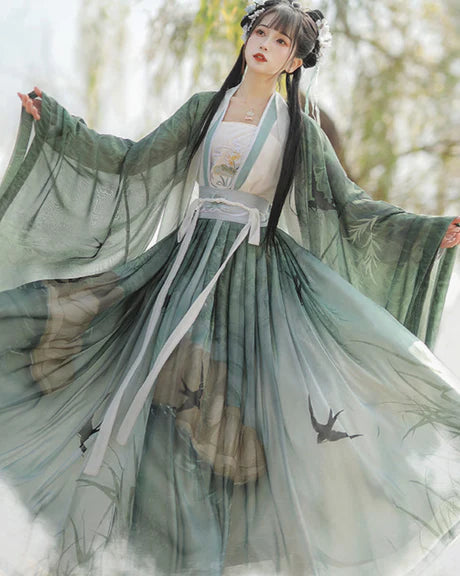 Qiyao Ruqun, Evangeline - Song Dynasty-inspired polyester ensemble with Da Xiu Shan (Coat), camisole, top, and wrapped skirt. An ode to historical opulence, perfect for themed events or adding a touch of sophistication to your wardrobe.