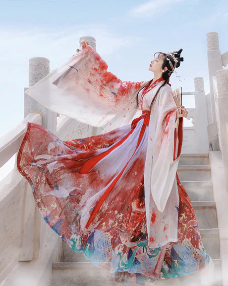 Step into elegance with Maria Jiaoling Ruqun, a captivating tribute to the grace of the Wei Jin Dynasty. Immerse yourself in the distinctive style of cross-collared and wide-sleeved garments, inspired by the iconic Jin Ru 晋襦 and Za Ju 杂裾 fashion trends. Elevate your connection to the rich traditions of Chinese fashion with Moon Hanfu&