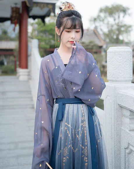 Qiyao Ruqun, Seraphina - Song Dynasty-inspired polyester ensemble with camisole, top, and wrapped skirt. Timeless elegance for themed events or a touch of historical charm in your wardrobe. High-quality comfort for casual or special occasions.