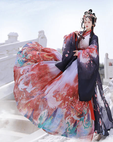 Step into elegance with Maria Jiaoling Ruqun, a captivating tribute to the grace of the Wei Jin Dynasty. Immerse yourself in the distinctive style of cross-collared and wide-sleeved garments, inspired by the iconic Jin Ru 晋襦 and Za Ju 杂裾 fashion trends. Elevate your connection to the rich traditions of Chinese fashion with Moon Hanfu&