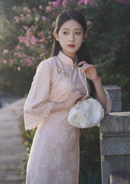 Immerse yourself in the opulent elegance of Opulent Wide Sleeve Qipao in Goldmine—a perfect blend of tradition, femininity, and style from Moon Hanfu&