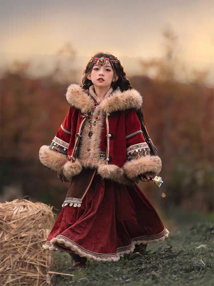 Girls’ Lunar New Year Winter Ethnic-Style Outfit, Modernized Hanfu Set
