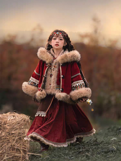 Girls’ Lunar New Year Winter Ethnic-Style Outfit, Modernized Hanfu Set