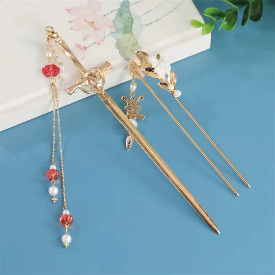 Embrace the spirit of ancient China with the captivating Chinese Sword Hairpin. This unique hairpin features a stylish design inspired by traditional Chinese swords, adding a touch of martial elegance to your hairstyle. Crafted with attention to detail, the Chinese Sword Hairpin is a perfect accessory to showcase your love for Chinese culture and add a distinctive flair to your Hanfu ensemble.