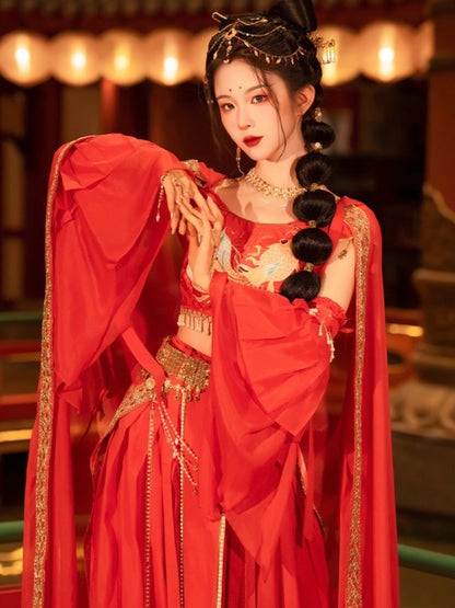 Step into the timeless elegance of Rose Dunhuang Hanfu, an exquisite blend of Central Asian, Tibetan, Indian, and Chinese influences exclusively curated by Moon Hanfu. Originating from the northwest Chinese region along the Silk Road, this traditional attire from our Dunhuang Collection reflects the diverse cultural interactions of the area. Embrace vibrant colors that showcase the region&