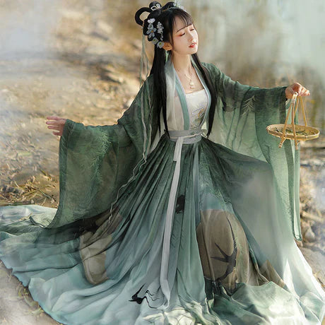 Qiyao Ruqun, Evangeline - Song Dynasty-inspired polyester ensemble with Da Xiu Shan (Coat), camisole, top, and wrapped skirt. An ode to historical opulence, perfect for themed events or adding a touch of sophistication to your wardrobe.