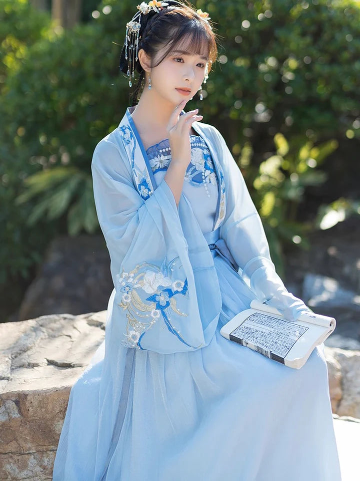 Immerse yourself in the beauty of blue with the Beautiful Blue Qiyao Ruqun from Moon Hanfu&