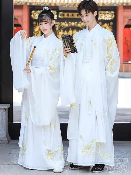 Unleash majesty with the Majestic Golden Dragon Jiaoling Ruqun, a resplendent addition to Moon Hanfu&