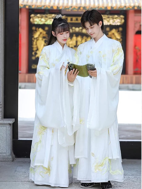 Unleash majesty with the Majestic Golden Dragon Jiaoling Ruqun, a resplendent addition to Moon Hanfu&