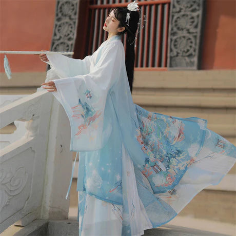 Elevate your style with Alice Jiaoling Ruqun, a timeless fusion of tradition and contemporary allure inspired by the Wei Jin Dynasty. Immerse yourself in the distinctive style of cross-collared and wide-sleeved garments, echoing the iconic Jin Ru 晋襦 and Za Ju 杂裾 fashion trends. Elevate your connection to Chinese tradition through Moon Hanfu&