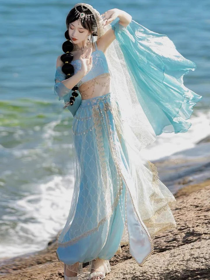 Dive into the timeless elegance of Sealine Dunhuang Hanfu, a mesmerizing fusion of Central Asian, Tibetan, Indian, and Chinese influences exclusively curated by Moon Hanfu. Originating from the northwest Chinese region along the Silk Road, this traditional attire from our Dunhuang Collection reflects the diverse cultural interactions of the area. Embrace a palette of vibrant colors that illustrate the artistic aesthetics and beliefs, connecting you to a rich tapestry of history.