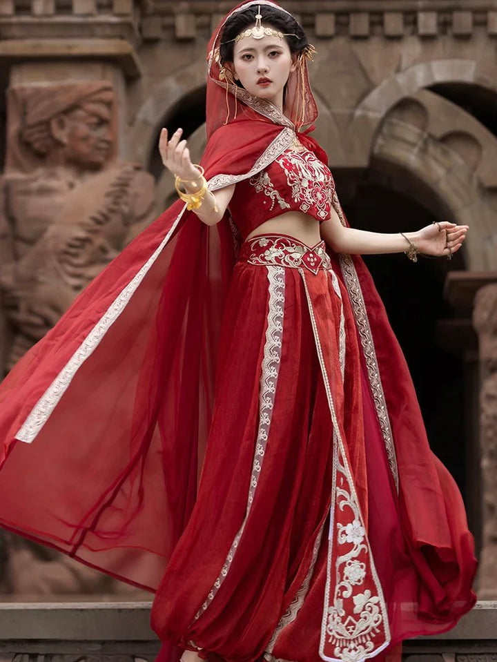 Indulge in the serenade of silk with Rose Garden Dunhuang Hanfu, a poetic fusion of Central Asian, Tibetan, Indian, and Chinese influences exclusively curated by Moon Hanfu. Originating from the northwest Chinese region along the Silk Road, this traditional attire from our Dunhuang Collection weaves a melodic tale of diverse cultural interactions.