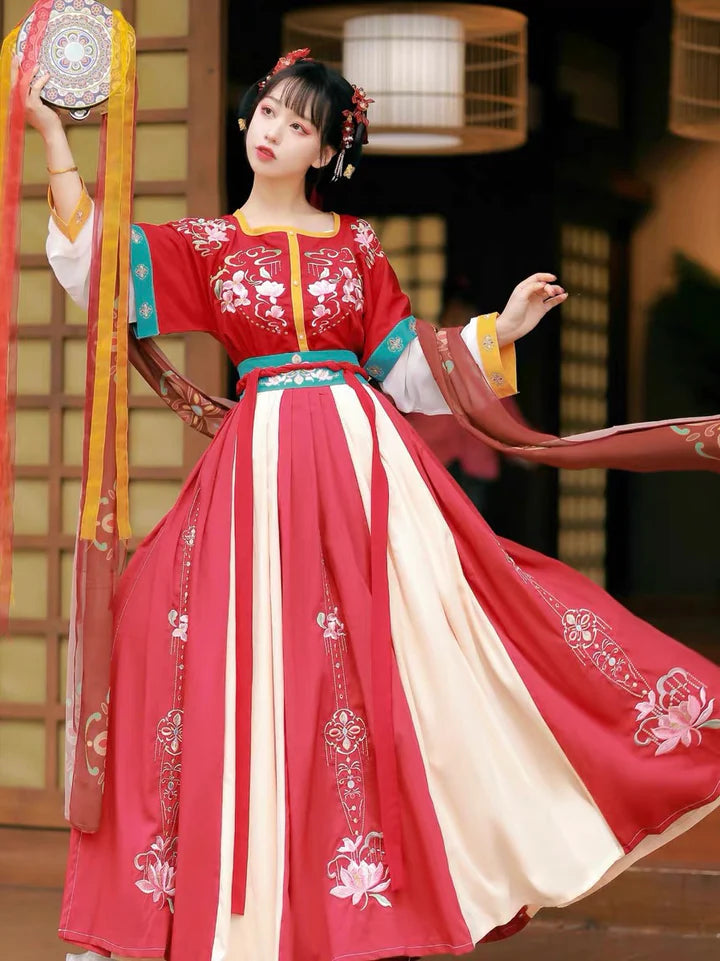 Revel in the vibrant elegance of Radiant Scarlet Qiyao Ruqun, a captivating ensemble inspired by the aesthetics of the Qiyao period. This exquisite attire pays homage to an era when grace and beauty flourished, capturing the timeless essence of historical allure.