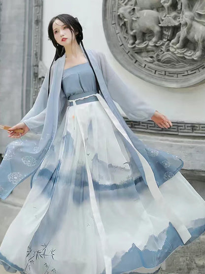 Sapphire Skies Qiyao Ruqun Ensemble - Song Dynasty Style. Dive into the allure of deep blue elegance, ideal for themed events or adding a touch of sophistication to your wardrobe.