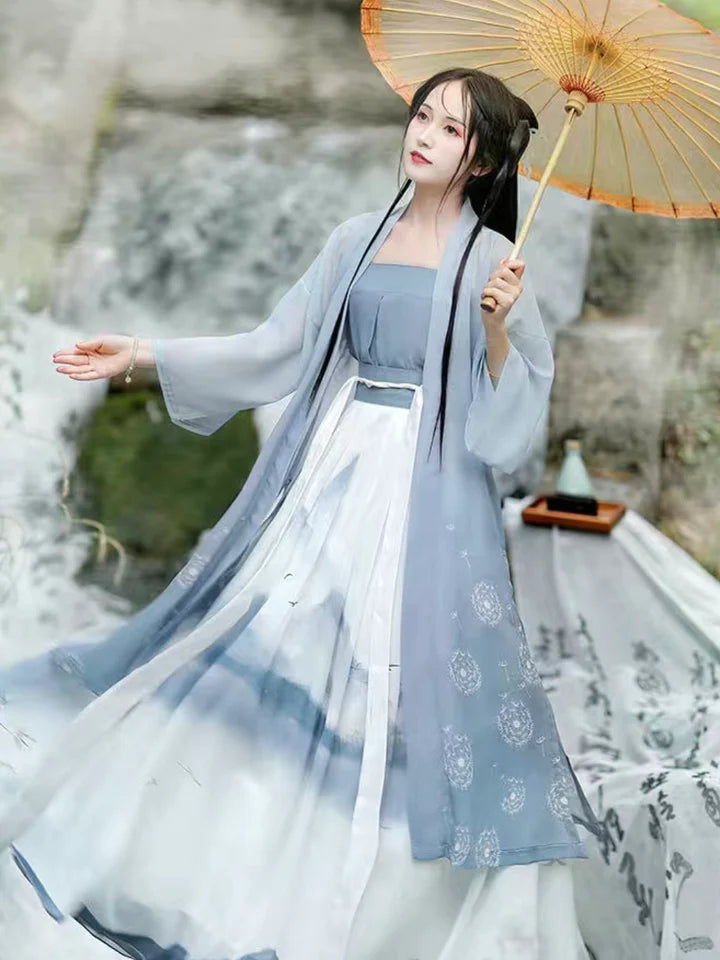 Sapphire Skies Qiyao Ruqun Ensemble - Song Dynasty Style. Dive into the allure of deep blue elegance, ideal for themed events or adding a touch of sophistication to your wardrobe.