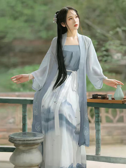 Sapphire Skies Qiyao Ruqun Ensemble - Song Dynasty Style. Dive into the allure of deep blue elegance, ideal for themed events or adding a touch of sophistication to your wardrobe.