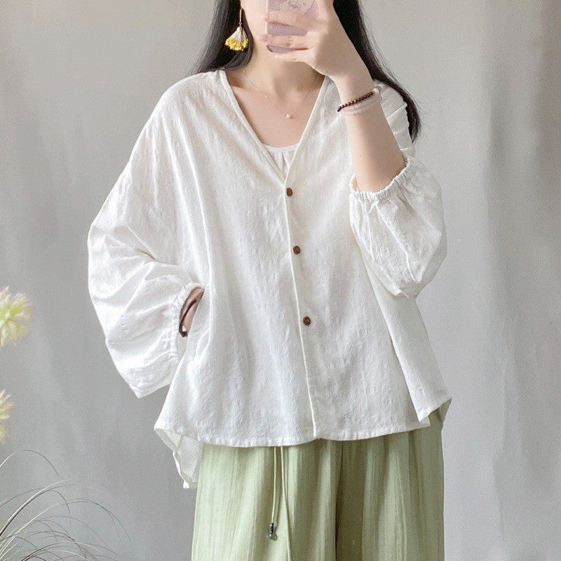 V neck linen shirt women