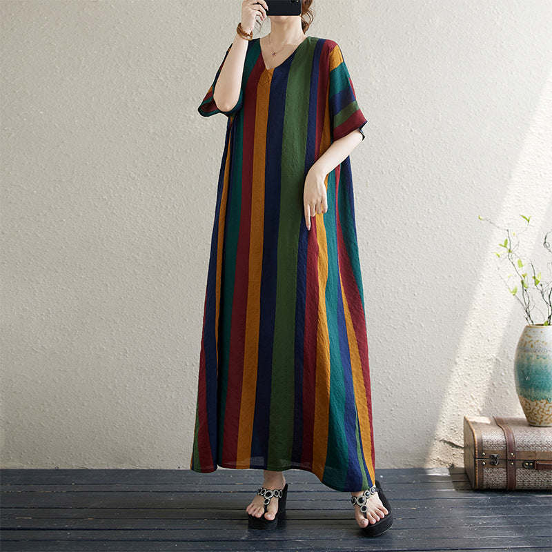 V-Neck Linen Vertical Stripe Oversize Dress