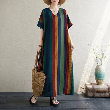 V-Neck Linen Vertical Stripe Oversize Dress