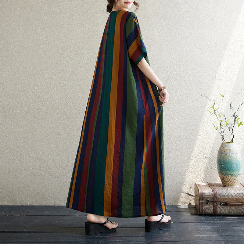 V-Neck Linen Vertical Stripe Oversize Dress