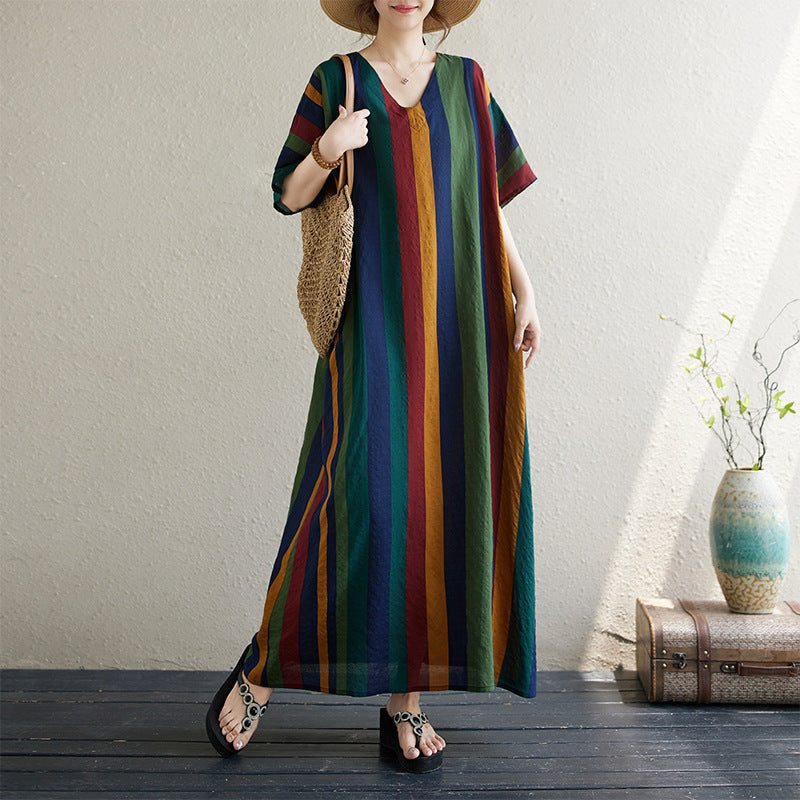 V-Neck Linen Vertical Stripe Oversize Dress