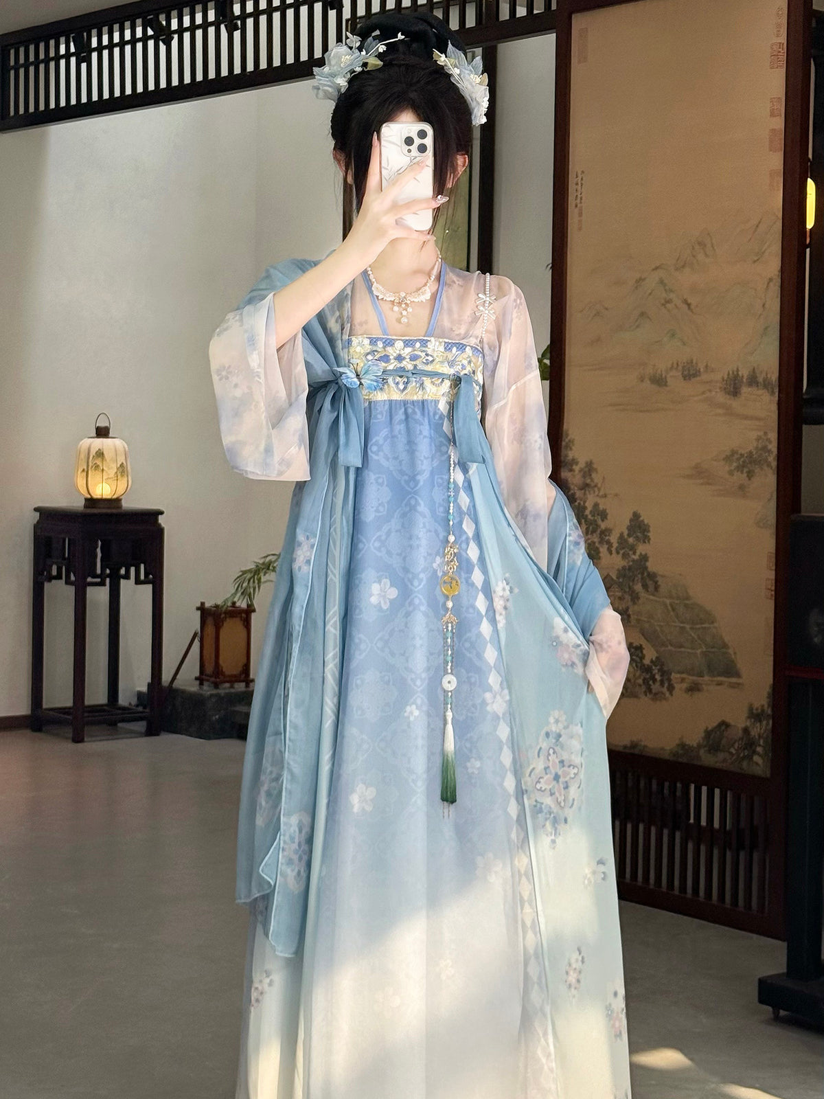 Blue base set: top, poqun skirt, and pibo shawl