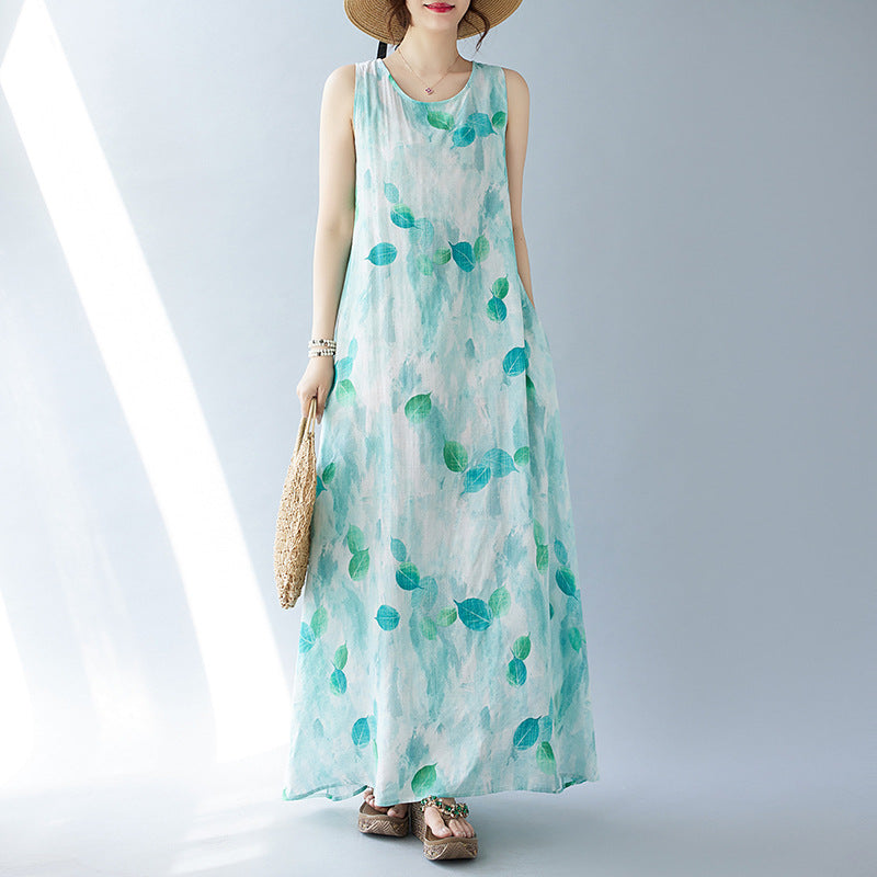 blue white sleeveless a-line dress long dress oversize dress