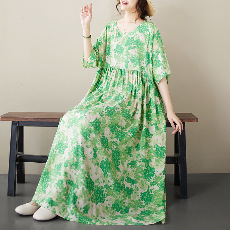 Bohemian Green Flowers  Retro Pullover Dress