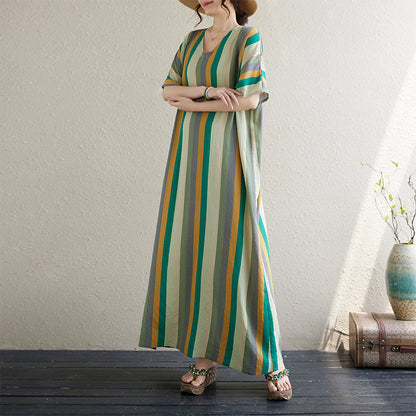 V-neck green steak makes a visually slimming effect loose-fitting large size female dress