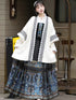 Luan Feng He Ming four-piece hanfu set with a white long beizi and black mamian skirt featuring blue phoenix motifs