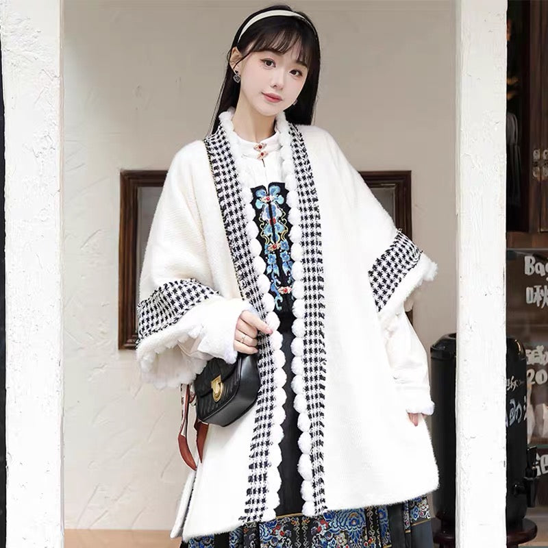 White long beizi with black-and-white checked edging and pompom trim, styled with the Luan Feng He Ming hanfu set