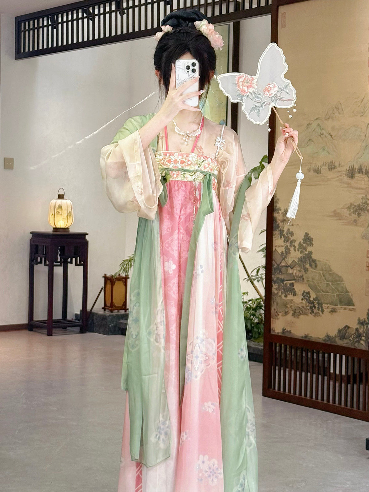 Tang-style embroidered Hanfu set in pink, front view