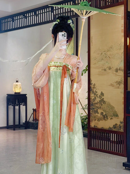 Tang-style embroidered Hanfu set in green, front view